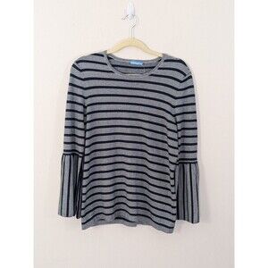 New J. McLaughlin Pullover Sweater Sz L Shirred Bell Sleeves Navy White Stripes